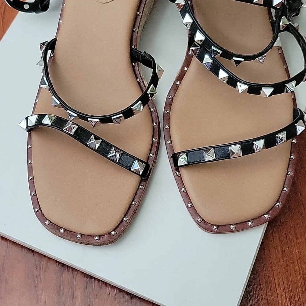 Steve Madden Asena Studded Espadrille Wedge Black  Size 9